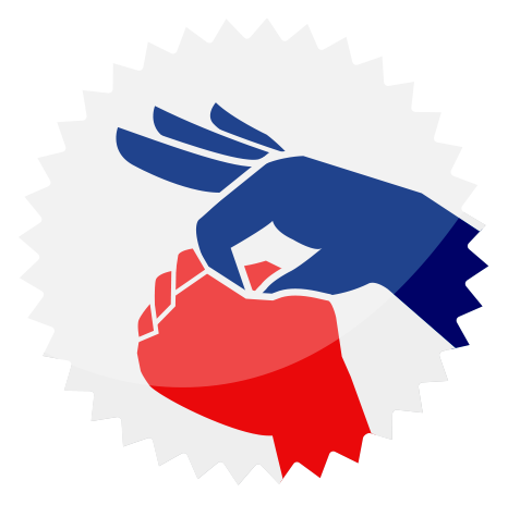 ASL sign - VOTE.  Left hand is red in a fist like shape while the right hand is blue indicating the 'ok' handshape going into the red's hand to say 'VOTE!'