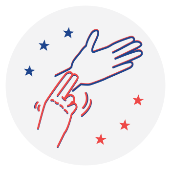 SignVote alternative logo signing vote in ASL with one hand blue and the other hand red.